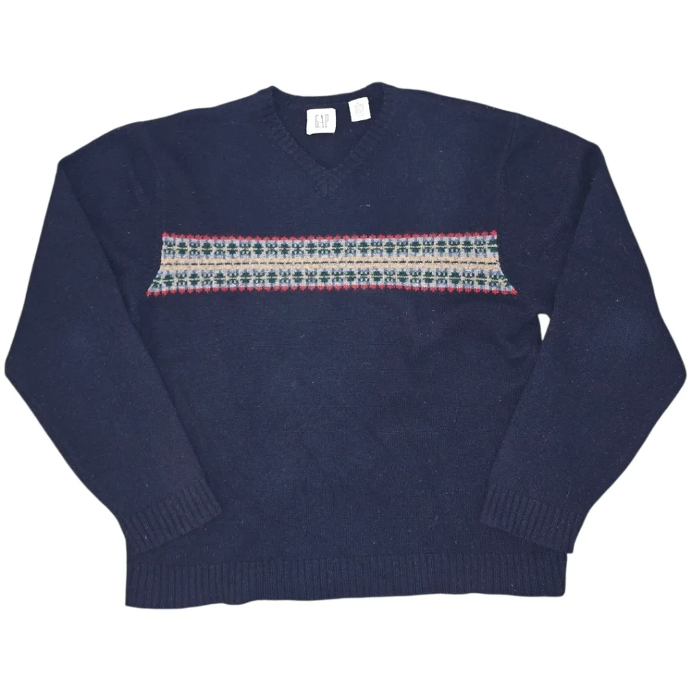 Vintage 90s GAP Men's V-Neck Wool Sweater | Size XL | Fair Isle Nordic Y2K Boxy
